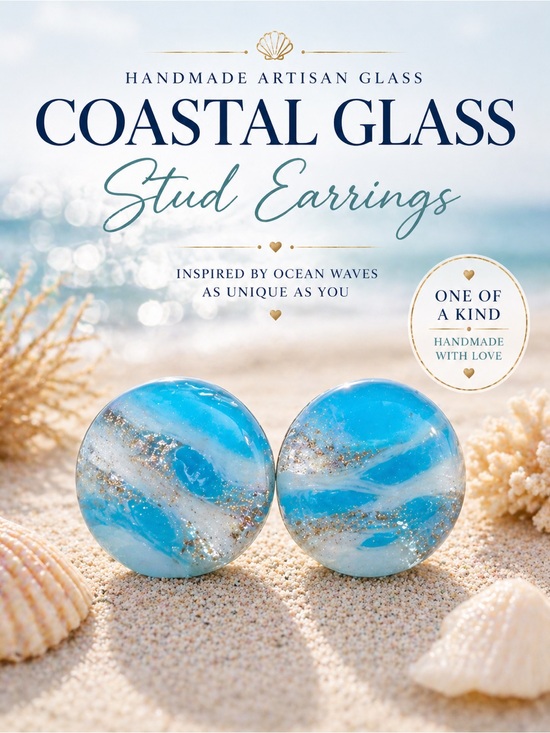 Artisan Accessories - Hand-crafted Ocean Blue & White‎ Glass Pierced "button” earrings NEW